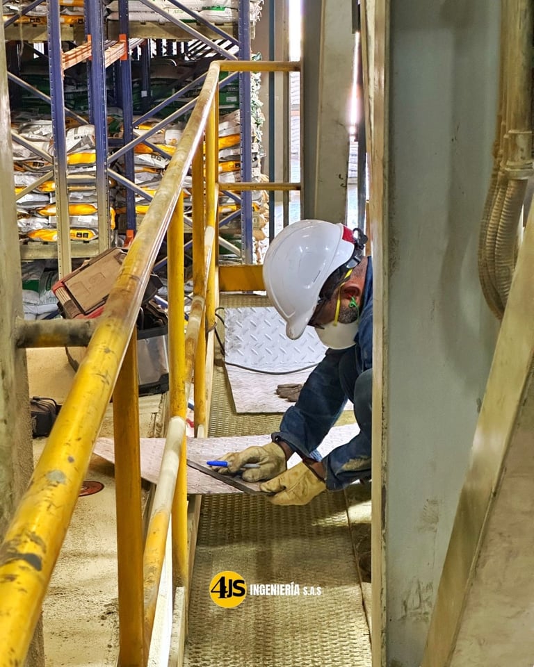 Construction worker in hard hat crouched on yellow scaffolding platform inside industrial structure